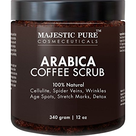 Majestic Pure Arabica Coffee Body Scrub, 12 Oz - 100% Natural Skin Care Treatment Helps Reduce Cellulite, Stretch Marks, Spider Veins, Acne, Eczema, Age Spots & varicose veins, Natural Skin Detox