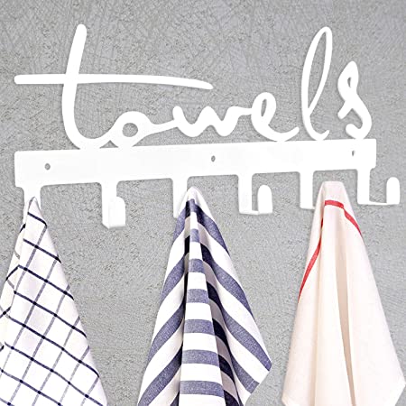 Goutoports Towel Rack Wall Mount Bathroom Towel Holder Art Word Kitchen Metal Holder Rack Door Hooks 6 Hooks Rustproof and Waterproof (White)