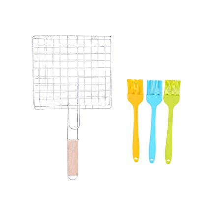TUANTUAN Barbecue Grilling Basket Grill BBQ Net With Wooden Handle and Silicone Oil Brushes, 1 Pcs Basket and 3 Pcs BBQ Oil Brushes