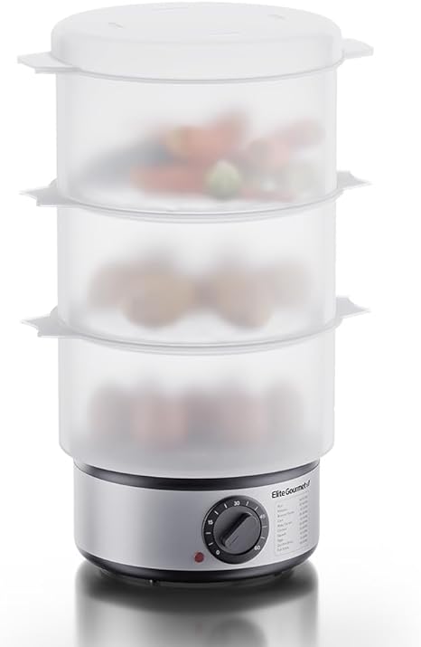 Elite Gourmet EST750 7.5 Quart, 3-tier, Electric Food Vegetable Steamer with BPA-Free Steamer Tray, Auto Shut-off 60-min Timer, 400W, Stainless Steel