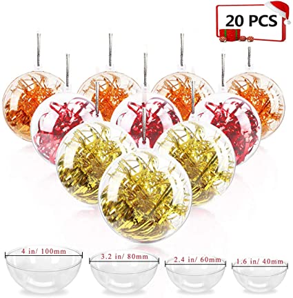 Jangostor 20 Pack Clear Ornaments Balls, 40, 60, 80, 100mm Christmas Ornaments Ball to Fill, DIY Plastic Fillable Christmas Decorations Tree Balls Baubles Craft Transparent Ball