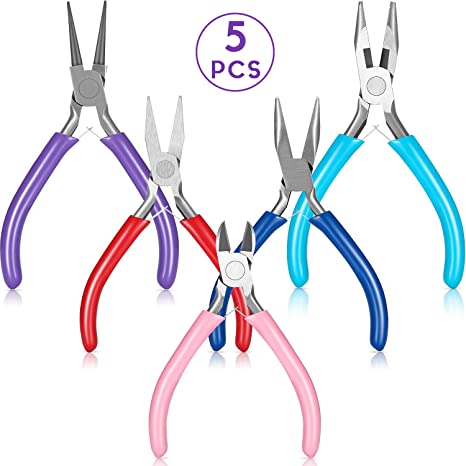 5 Pieces Jewelry Making Pliers Set, Needle Nose Pliers, Round Nose Pliers, Wire Cutter Pliers, Bent Nose Pliers and Flat Nose Pliers for Jewelry Beading Cutting Wrapping and DIY Craft Supplies