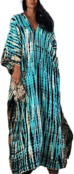 Bsubseach Women Bathing Suit Cover Up Ethnic Print Kaftan Beach Maxi Dresses