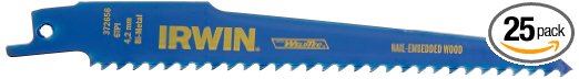 IRWIN Tools Reciprocating Saw Blade, Wood- and Nail-Embedded Wood-Cutting, 6-Inch 6 TPI, 25 Pack (372656B)