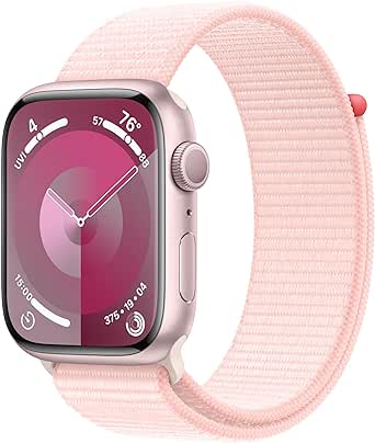 Apple Watch Series 9 [GPS 45mm] Smartwatch with Pink Aluminum Case with Light Pink Sport Loop One Size. Fitness Tracker, ECG Apps, Always-On Retina Display, Carbon Neutral