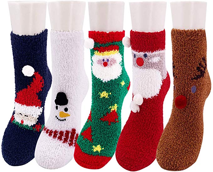Christmas Socks,5-7 Pairs Christmas Fuzzy Socks for Women Santa Socks Holiday XMAS Fluffy Socks