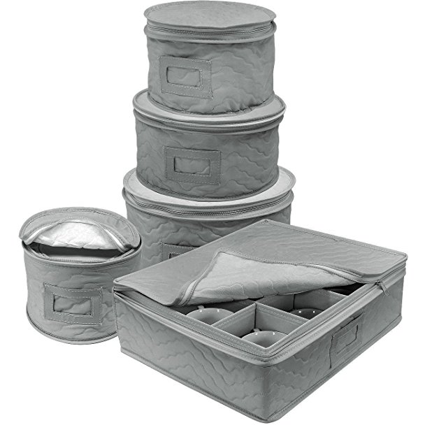 Sorbus Dinnerware Storage 5-Piece Set for Protecting or Transporting Dinnerware — Service for 12 — Round Plate and Cup Quilted Protection, Felt Protectors for Plates, Fine China Case (Gray)