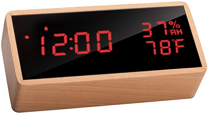 meross Digital Alarm Clock for Bedrooms, Real Wood, LED Display Desk Clock, Time Temperature Humidity, 3 Sets of Alarms, Adjustable Brightness, Sound Control Function (Beech)