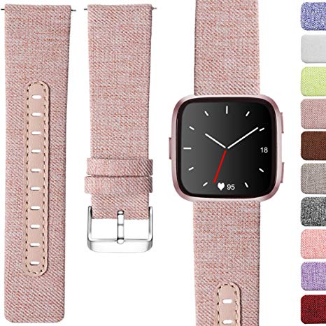 Maledan Compatible with Fitbit Versa Bands, Stylish Woven Fabric & Genuine Leather Wristbands with Stainless Steel Buckle Compatible with Fitbit Versa Smart Watch, Fits for Women Men, Large Small