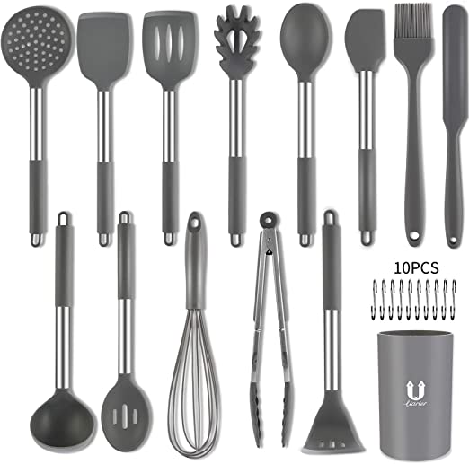 Silicone Cooking Utensil Set, Uarter 14pcs Silicone Cooking Kitchen Utensils Set with 10pcs hook, Non-stick Heat Resistant - Best Kitchen Cookware with Stainless Steel Handle - Grey