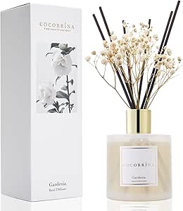 Cocorrína Reed Diffuser - Gardenia Scented Diffuser with 8 Sticks Home Fragrance Reed Diffuser for Bathroom Shelf Decor