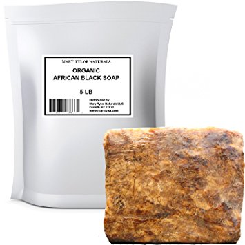 Organic African Black Soap Large 5 lb by Mary Tylor Natura Best for Acne Treatment Eczema, Psoriasis, Scar Removal, Dry Skin, Anti-fungal Face and Body Wash Authentic Handmade Beauty From Ghana Africa