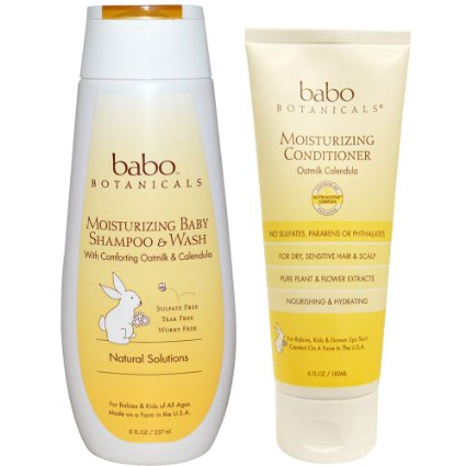 Babo Botanicals All Natural Calendula Oat Milk Baby Shampoo & Wash and Conditioner Bundle For Dry, Damaged Hair and Sensitive Scalp With Aloe Vera, Kudzu, Meadowsweet and Watercress, 8 & 6 fl. oz.