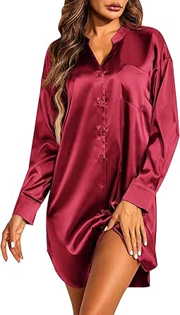 Ekouaer Women's Satin Nightgown Button Down Sleepshirt Silk Long Sleeve Nightshirt Boyfriend Sleepwear