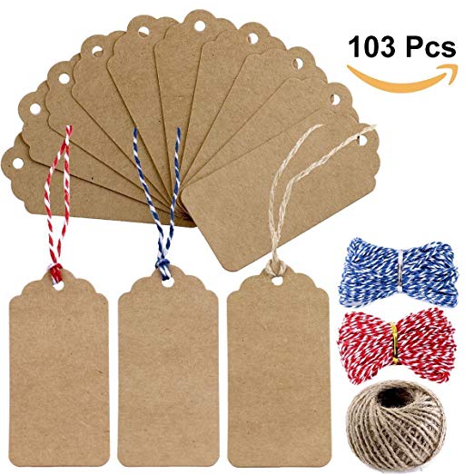 Supla 100pcs Gift Tags Kraft Papers Kraft Paper Tags Wedding Favour Tags with 3 Styles Crafts Twines