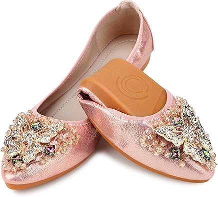 KUNWFNIX Women Ballet Flats Rhinestone Wedding Ballerina Shoes Foldable Sparkly Comfort Slip on Flat Shoes