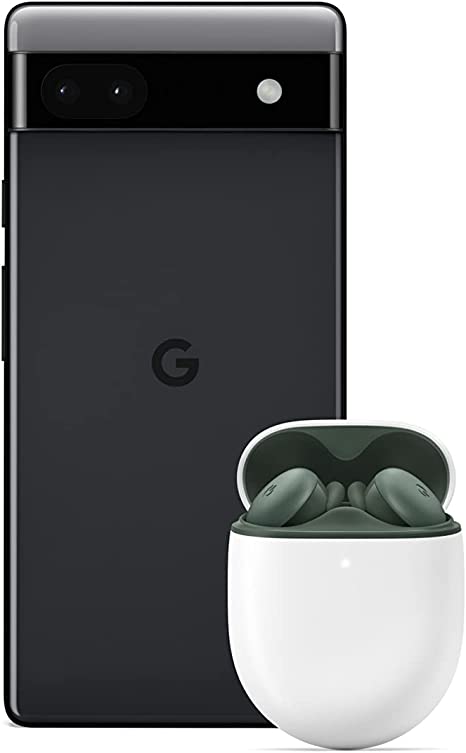 Google Pixel 6a Cell Phone - Charcoal with Pixel Buds A-Series Olive (G7YPJ; GPQY2; G7T9J)