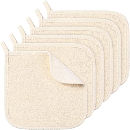 6 Pieces Exfoliating Face and Body Wash Cloths 2 Sided Bamboo Washcloth Towel Exfoliation Scrub Soft Weave Massage Shower Bath Cloth for Women and Men, 20 x 20 cm (Beige and White)