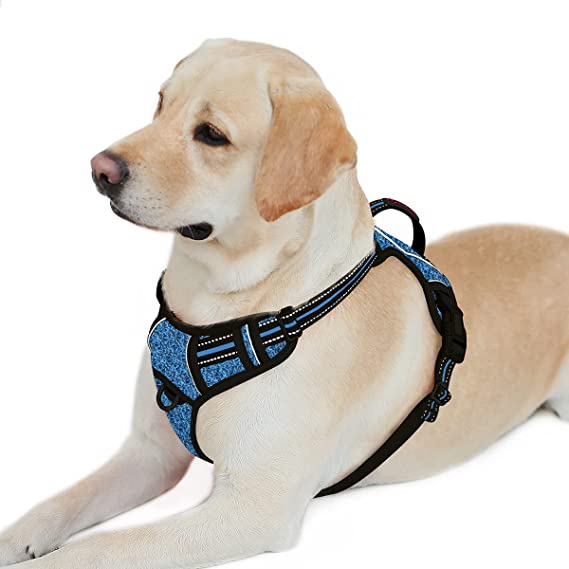 BARKBAY No Pull Dog Harness Front Clip Heavy Duty Reflective Easy Control Handle for Large Dog Walking with ID tag Pocket(Blue/Black,L)