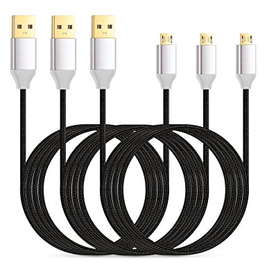 Eversame Micro USB Charger 6Ft, [3-Pack] 1.8M Premium Nylon Braided Hi-Speed USB to Micro USB Cable Gold-Plated Connectors For Samsung Galaxy S6 Edge/Tab4, HTC One M8, LG G Stylo/G3-Black