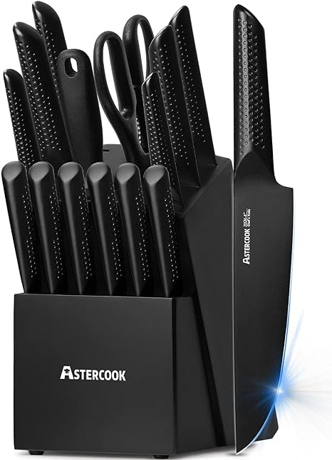 Astercook Knife Set, 15 Pieces Kitchen Knife Set with Block and Sharpener, German Stainless Steel Handle One-Piece Design Knife Block Set, Dishwasher Safe, Black…