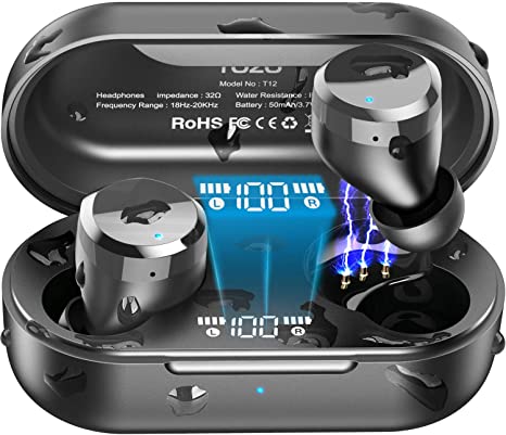 TOZO T12 Wireless Earbuds Bluetooth Headphones with Touch Control and Wireless Charging Case Digital Intelligence LED Display IPX8 Waterproof Earphones Built-in Mic Headset Deep Bass for Sport Black