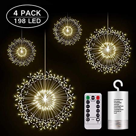 Firework Lights, Seosucce Upgrade 4Pcs 198LED Copper Wire String Lights Battery Operated Fairy Lights with Remote, 8 Modes Dimmable, Hanging Starburst Lights for Party, Christmas, Outdoor, Warmwhite