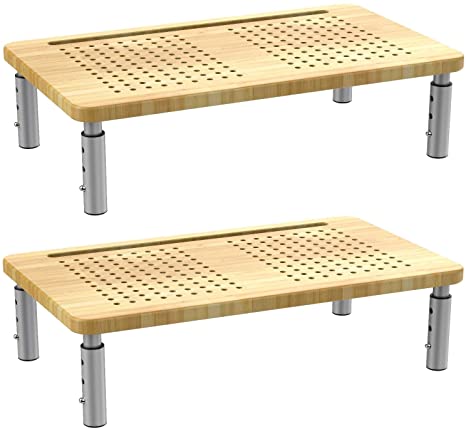 2-Pack Bamboo Adjustable Computer Monitor Riser Desk Stand.