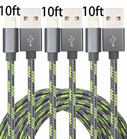 GOLDEN-NOOB 3Pack 10FT Nylon Braided Popular Lightning Cable 8Pin to USB Charging Cable Cord with Aluminum Heads for iPhone 7/7Plus/6s/6s Plus/6 Plus/6 Plus/5/5c/5s/SE,iPad iPod(gray green)