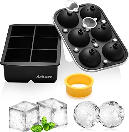 Bandejas para cubitos de hielo, juego de moldes de silicona para hielo Ankway de 5cm, máquina de hielo redondo con tapa y molde cuadrado grande para whisky, cóctel（modelo actualizado 2021, negro）