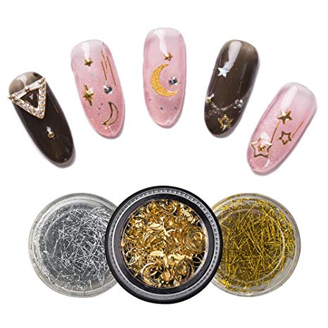 Frenshion 1 Set 3D Hollow Moon Stars Alloy Glitter Rivet Nail Stickers and Gold Silver DIY Nail Art Decoration Line Nail Art Decoration Strip Line Set Kit Perfect for Manicure Pedicure