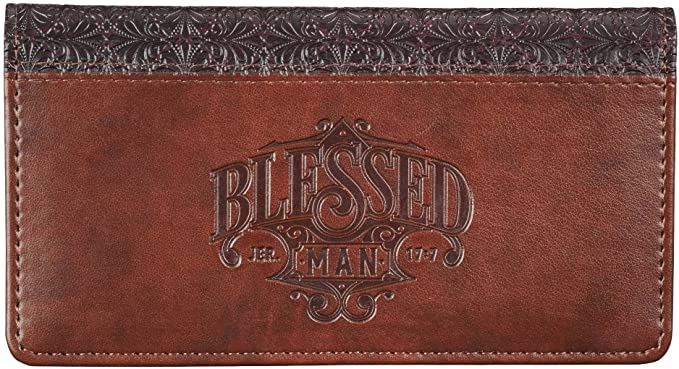 Checkbook Cover for Men “Blessed Man” Christian Brown Wallet, Faux Leather Christian Checkbook Cover for Duplicate Checks & Credit Cards