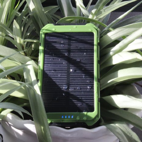 Solar Charger Solar Power Bank 10000mAh Portable Rugged Shockproof Dual USB Solar Battery Charger Solar Power Charger Backup External Battery Power Pack Constructed with a Solar Panel for Emergency Charging For iPhone 6 Plus 5S 5C 5 4S iPod 5 4 Galaxy S6 S6 Edge S5 S4 S3 Note 4 3 LG G3 Nexus HTC One M9 Gopro Camera GPS and More Green