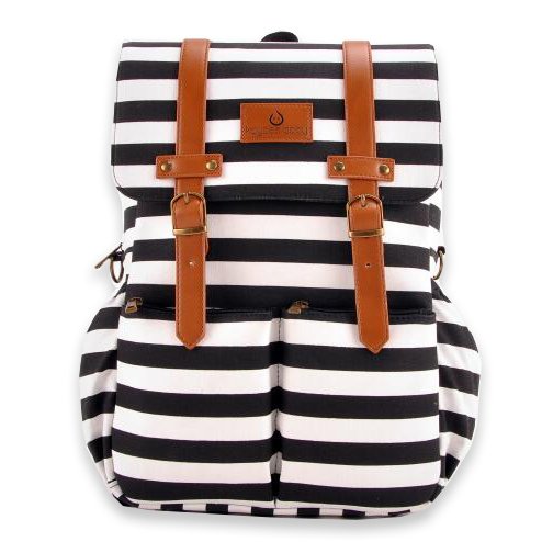 Kaydee Baby Unisex Canvas Diaper Tote Backpack Bag with Stroller Straps and Changing Pad - for Men and Women (Black and White Stripe)