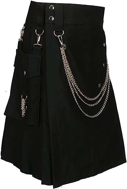 Scottish Black Fashion Utility Kilt with Silver Chains