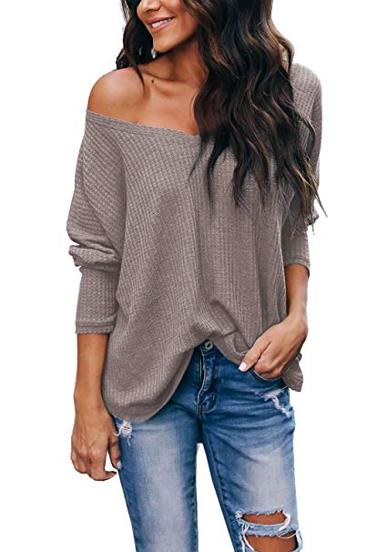 Albe Rita Women's Casual V-Neck Off-Shoulder Batwing Sleeve Pullover Sweater Tops