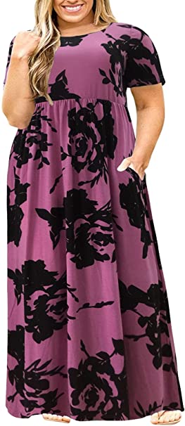 Nemidor Women Short Sleeve Loose Plain Casual Plus Size Long Maxi Dress with Pockets