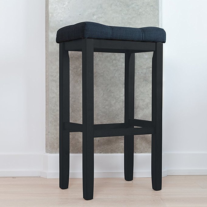 Wood Kitchen Pub-Height Barstool - Backless Upholstered Saddle Seat, 29 Inch - Black - For Bar or Counter