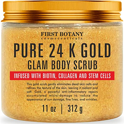 24 Gold Body Scrub with Collagen and Stem Cells - Natural Exfoliating Salt Scrub & Body and Face Souffle helps with Moisturizing Skin, Acne, Cellulite, Dead Skin Scars, Wrinkles (11 oz)