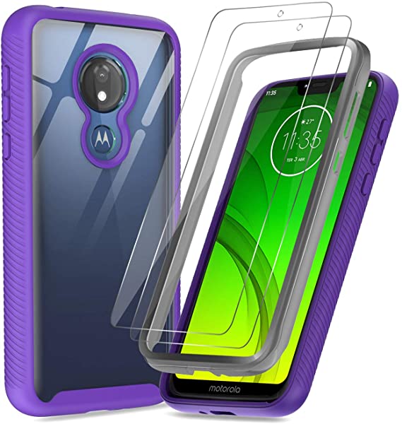 Moto G7 Power Case, Moto G7 Supra Case with Tempered Glass Screen Protector [2 Pack], LeYi Full-Body Rugged Hybrid Bumper Shockproof Clear Protective Phone Cover Cases for Motorola G7 Power Purple