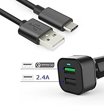 30W Quick Charge 3.0 USB and 1 port 2.4A Car Power Charger with 3ft USB-C Cable Pack for LG V20, G5, HTC 10, Google Pixel, Pixel XL, HP Elite X3, ZenFone 3, Sony XZ(QC 3.0 Car Charger   USB-C Cable)