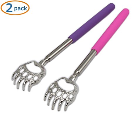 (2- PACK) Extendable Telescopic Scratcher handle, Bear Claws Metal Back Scratchers/hand massager/backslap With Rubber Handles（Purple and Pink)