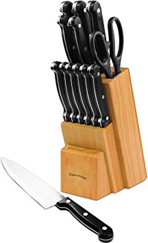 Utopia Kitchen 12 Knives Set with Wooden Block - 430 Grade Stainless Steel - Chef Knife, Bread Knife, Carving Knife, Utility Knife, Paring Knife, Steak Knives and Scissors