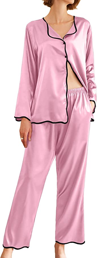 eshion Silk Pajama Set Women's Long Sleeve Sleepwear Soft Satin Top and Pants Set Button Down Loungewear with Pockets S-XXL