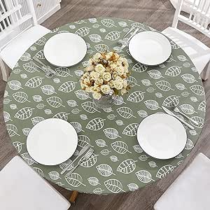 Round Vinyl Fitted Tablecloth with Flannel Backing Elastic Edge Design Table Cover Waterproof Oil-Proof PVC Table Cloth Wipeable for Round Table (Leaves, Best for 45"-56" Round)