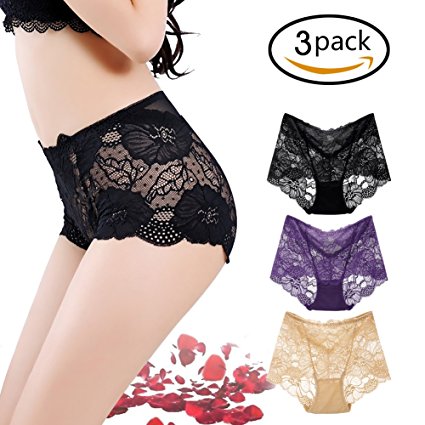Women's Sexy Lace Panties Intimate Lingerie 3 Pack Briefs Sheer Mid Waist Underwear