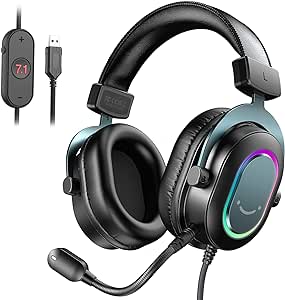 FIFINE Gaming USB Headset for PC, Over-Ear Wired Headset with Microphone, 7.1 Surround Sound, Passive Noise Canceling, LED RGB, Black Streaming Headphones for Computer/ PS4/PS5-H6