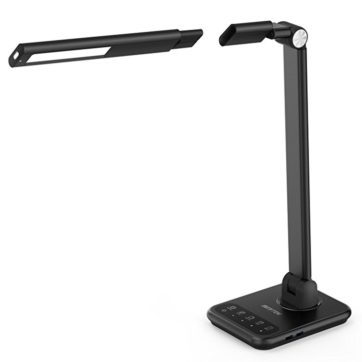 LED Desk Lamp by BESTEK, Detachable Lamp Head, Foldable and Rotatable Arm, 2 USB Charging Ports, 4 Lighting modes, Touch Control, Timer, Memory Function--Black