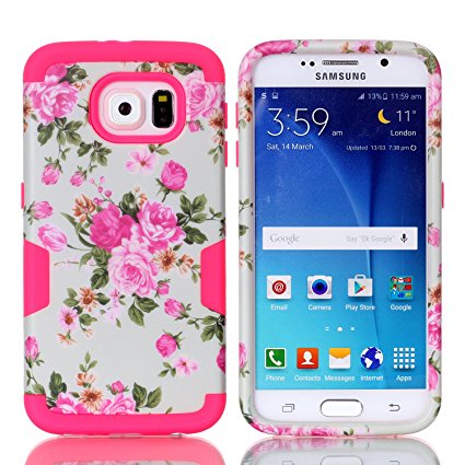 S7 Cover Case, Samsung Galaxy S7 Case SAVYOU Flowers Pattern Combo Hybrid High Impact Soft TPU Hard PC Shockproof Case Cover for Samsung Galaxy S7,Hot Pink