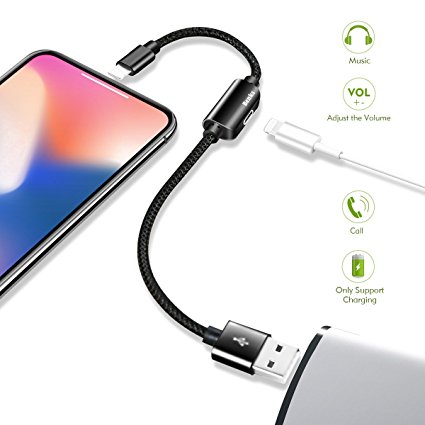 iPhone 7 8 Plus X 10 Lightning Adapter Cable with Audio and Charging [Support iOS 11] Benks Dual Lightning Headphone Splitter Adapter (Support Music/Charge/Phone Call/Remote/Sync) Black, 9.84-Inch